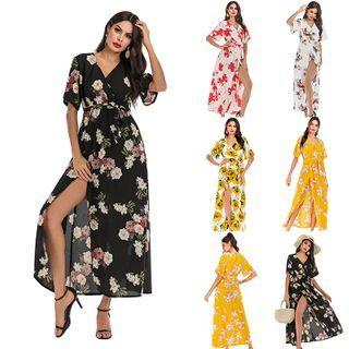 Floral Print Elbow-sleeve Slit Maxi A-line Dress