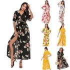 Floral Print Elbow-sleeve Slit Maxi A-line Dress