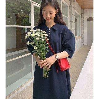 Short-sleeve Polo Shift Dress Dark Blue - One Size