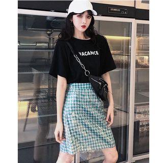 Open Back Short Sleeve T-shirt / Plaid Straight Cut Skirt