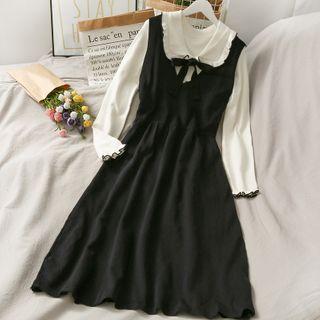 Contrasted Ribbon-neckline Knit Top / Midi Tank Dress