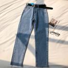 Plain Frayed High-waist Straight-cut Jeans With Belt