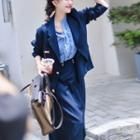 Set: Long-sleeve Single Breasted Blazer + High-waist Plain Skirt