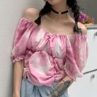 Elbow-sleeve Tie-dye Blouse Pink - One Size