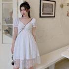 Drawstring Plain Dress / High-waist Mesh Skirt