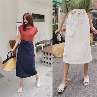Band-waist Midi Skirt With Sash