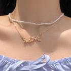 Faux Pearl Alloy Butterfly Pendant Layered Choker Set Of 2 - 0629a - White & Gold - One Size