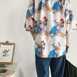 Elbow-sleeve People Print Lettering T-shirt