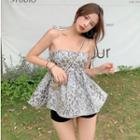 Spaghetti-strap Open-back Floral Print Mini A-line Dress Silver & White - One Size