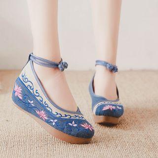 Embroidered Ankle Strap Platform Shoes