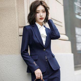 Jabot Blouse / Blazer / Mini Pencil Skirt / Dress Pants / Buttoned Vest / Set