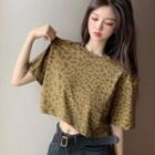 Leopard Print Short-sleeve Cropped T-shirt As Shown In Figure - One Size