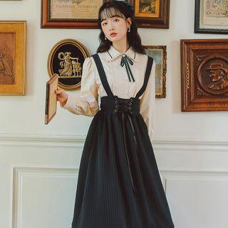 Set: Plain Shirt + Pinstriped Midi A-line Overall Dress