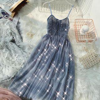 Set: Long-sleeve Sheer Top + Spaghetti Strap A-line Maxi Dress