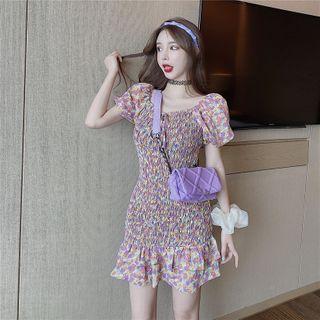 Short-sleeve Floral Print Smocked A-line Dress Floral - Purple - One Size