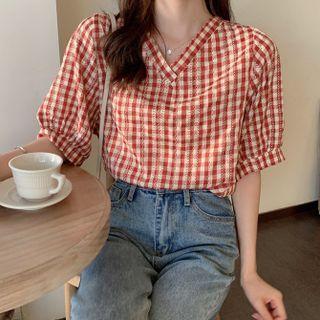 Short-sleeve Check V-neck Top