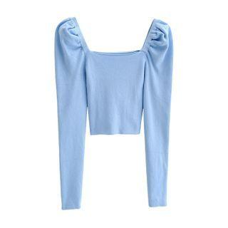 Puff-sleeve Square-neck Cropped Knit Top