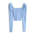 Puff-sleeve Square-neck Cropped Knit Top