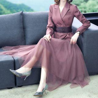 Set: Asymmetric Hem Blazer + Mesh Midi A-line Skirt