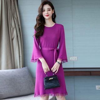 3/4-sleeve Fringe-trim Tie-waist A-line Knit Dress