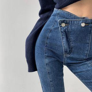 Wrapped-waistline Slit-hem Boot-cut Jeans