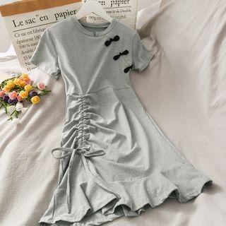 Frog-button Ruffled Drawstring Mini Dress