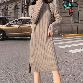 Mock-turtleneck Rib Knit Sweater Dress