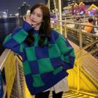 Round-neck Color Block Plaid Loose-fit Knit Long-sleeve Top Blue & Green - One Size