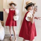 Set: Puff-sleeve Blouse + Mini A-line Pinafore Dress