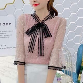 Sequined Contrast Trim 3/4-sleeve Blouse