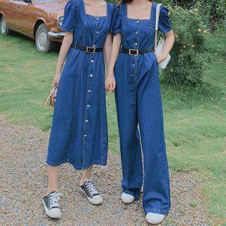 Short-sleeve Button Midi A-line Denim Dress