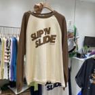 Long-sleeve Color Panel Lettering Loose Fit T-shirt