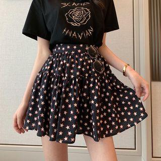Cutout Printed Short-sleeve Top / Star Patterned Flare Skirt