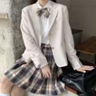 Long-sleeve Shirt / Single Breasted Blazer / Plaid Pleated A-line Mini Skirt