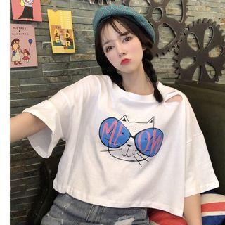 Elbow-sleeve Ripped Cat Printed T-shirt