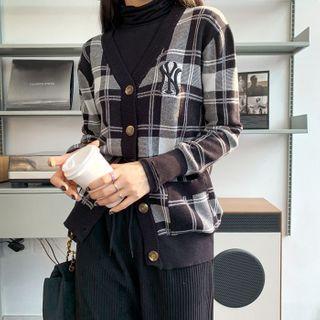 Letter-patched Plaid Cardigan