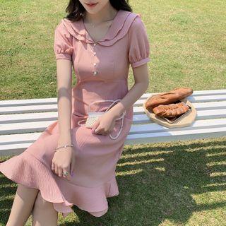 Puff-sleeve Sailor Collar A-line Midi Dress