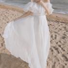 Elbow-sleeve Off-shoulder Maxi A-line Chiffon Dress