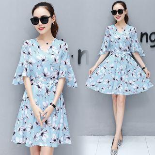 Bell-sleeve Floral Print Tie-waist A-line V-neck Sheath Dress