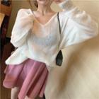 Long-sleeve Plain Knit Top / High-waist Pleated Plain Knit Skirt