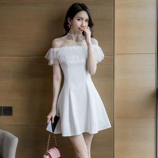 Short-sleeve Off Shoulder Mesh Trim A-line Mini Dress
