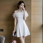 Short-sleeve Off Shoulder Mesh Trim A-line Mini Dress