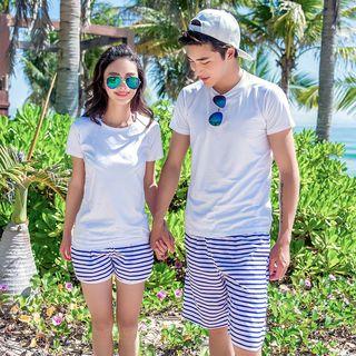 Couple Matching Striped Swim Shorts / Plain T-shirt