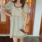 Puff-sleeve Square-neck Dotted Dress