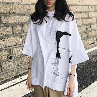 3/4-sleeve Printed Shirt White - One Size