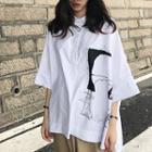 3/4-sleeve Printed Shirt White - One Size