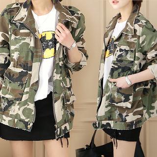 Flap-pocket Distressed Camouflage Jacket