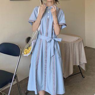 Short-sleeve Striped Midi Collared Dress