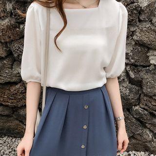 Square-neck Elbow-sleeve Chiffon Blouse