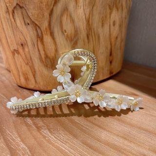 Flower Rhinestone Hair Clamp 1pc - Gold & White - One Size